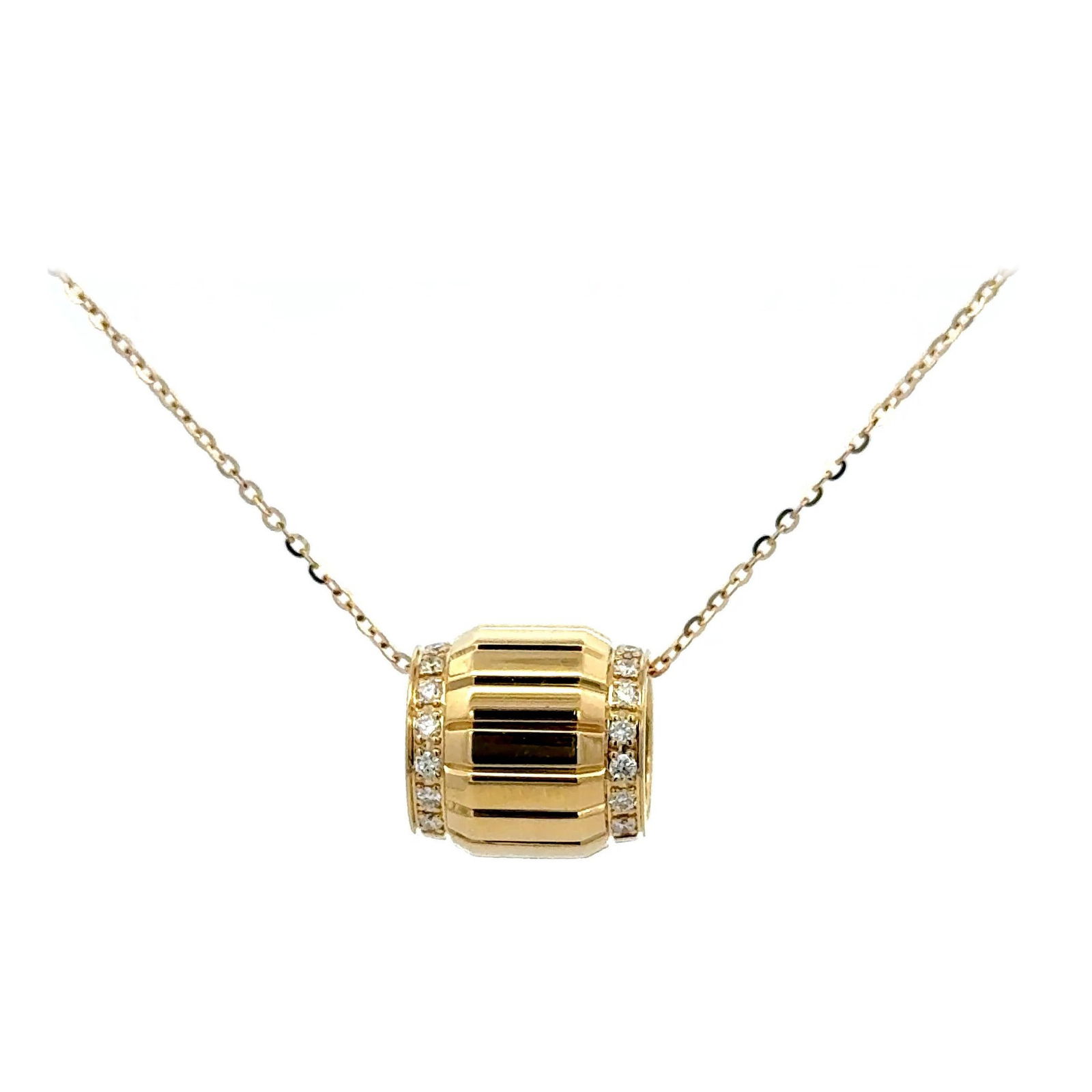 Contemporary 18K Yellow Gold Barrel Pendant Necklace with Diamonds 0.10 Carats: Contemporary 18K Yellow Gold Barrel Pendant Necklace with Diamonds 0.10 Carats Experience refined luxury with this contemporary barrel pendant necklace, meticulously crafted in 18K yellow gold weighin