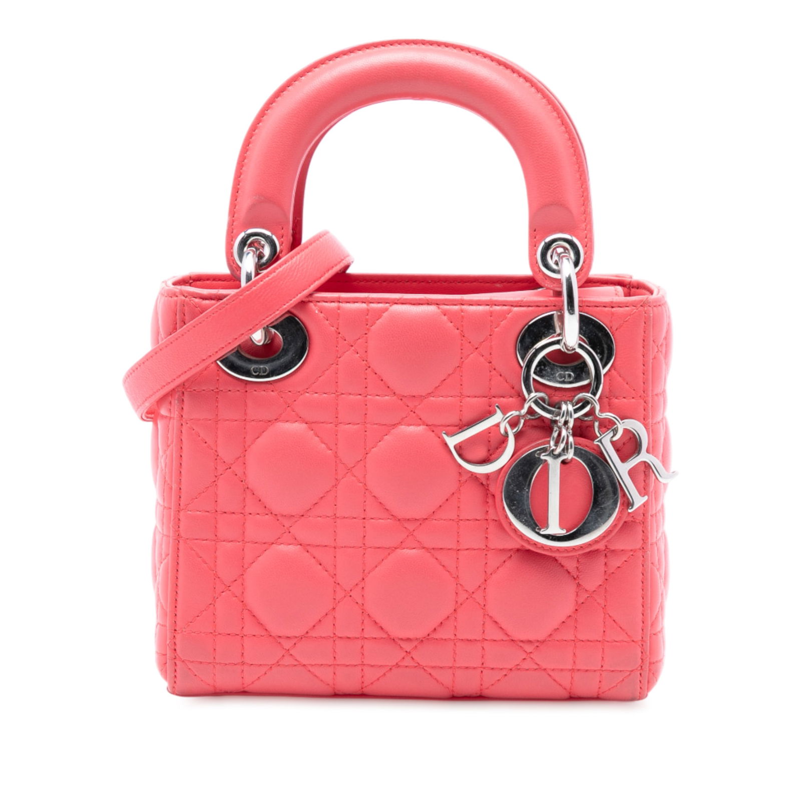 Dior Lady Dior Mini Pink Cannage Lambskin Leather Handbag: Dior Lady Dior Mini Pink Cannage Lambskin Leather Handbag This Mini Lady Dior handbag features a pink quilted lambskin leather body with flat leather top handles and a detachable flat leather strap. I