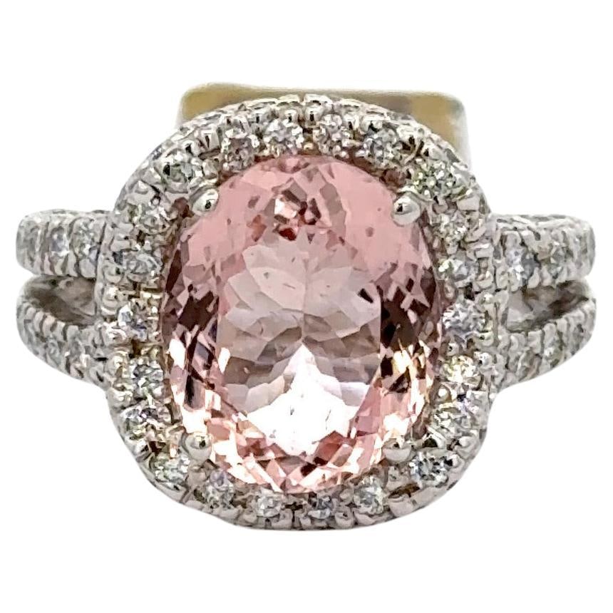 Harbor Diamonds Oval Cut Morganite Diamond Halo Ring 4.80 Carats 14K White Gold (1 of 7)