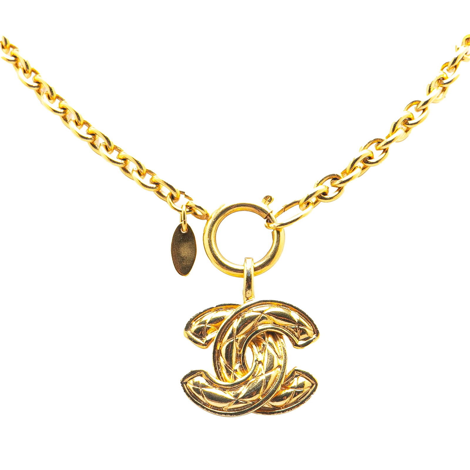 Chanel Gold Plated CC Quilted Pendant Necklace Fashion Jewelry: Chanel Gold Plated CC Quilted Pendant Necklace Fashion Jewelry This exquisite Chanel Gold Plated CC Quilted Pendant Necklace showcases a stunning gold-tone pendant and chain, perfect for elevating any