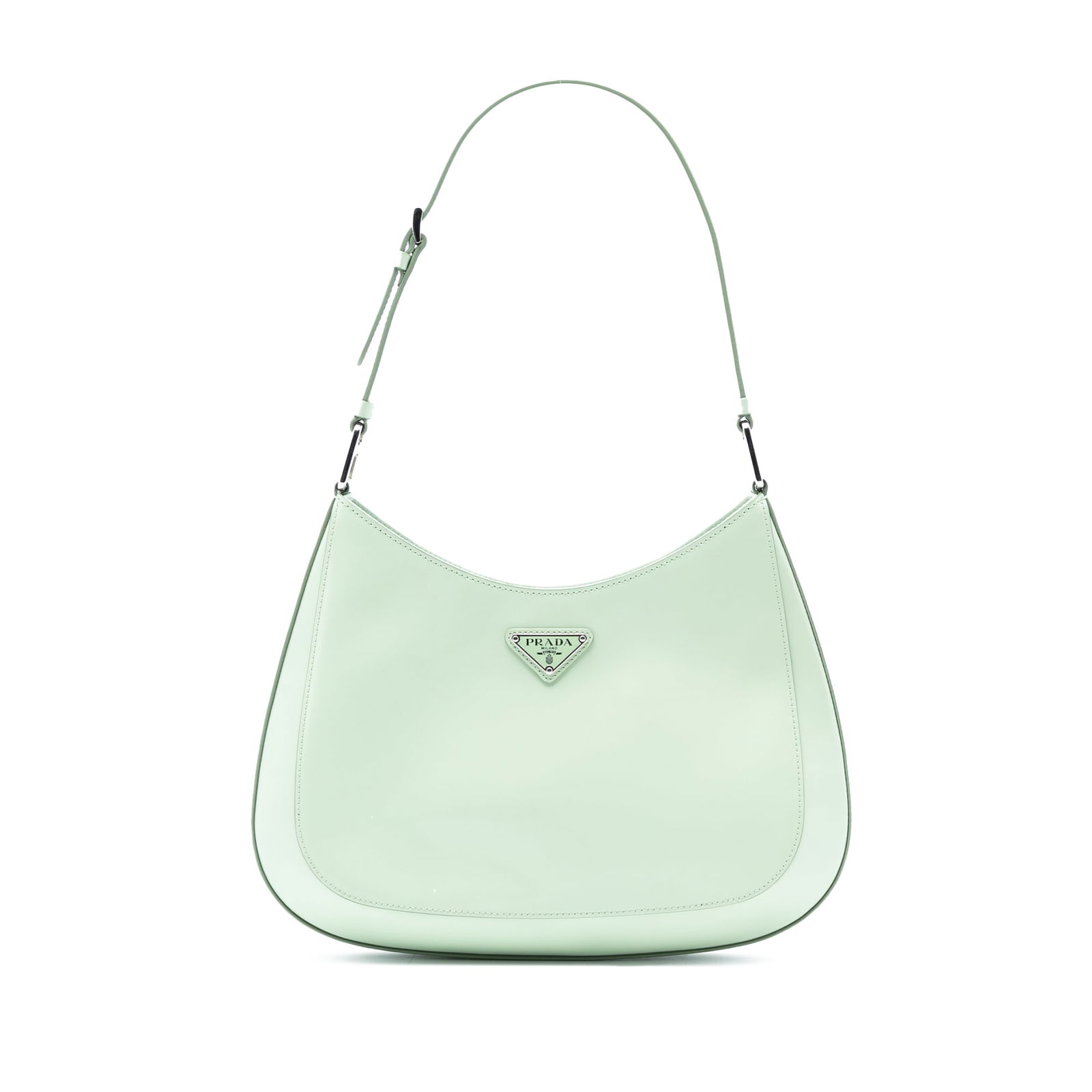 Green Leather Cleo Shoulder Purse by Prada Spazzolato: Green Leather Cleo Shoulder Purse by Prada Spazzolato This Prada Spazzolato Cleo shoulder bag features a green leather body with a flat leather shoulder strap. It has an open top with a magnetic snap