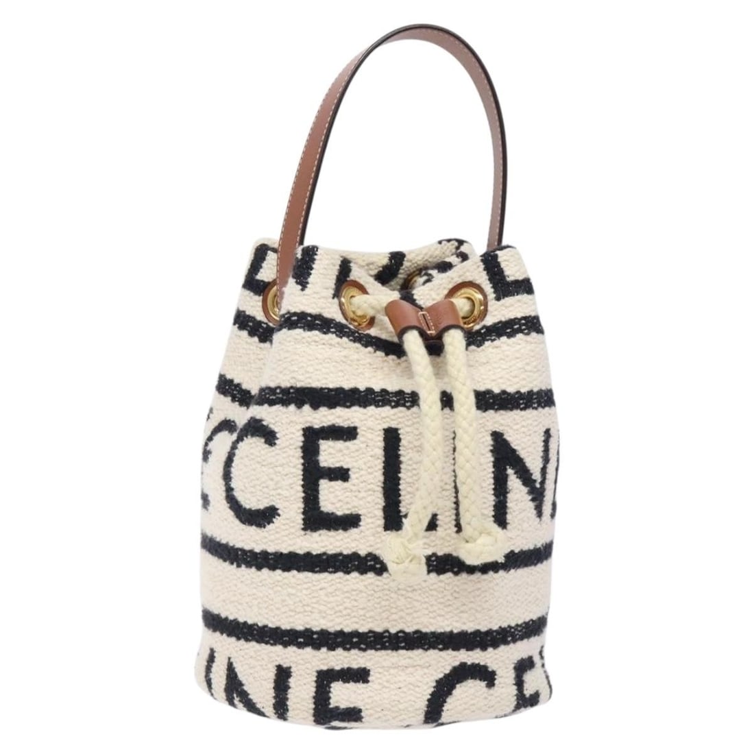 Celine Plein Soleil Teen Drawstring Canvas Bucket Bag with Leather Accents: Celine Plein Soleil Teen Drawstring Canvas Bucket Bag with Leather Accents This Celine Teen Drawstring Plein Soleil Bucket Bag features a white canvas body with leather details. Designed for women, it