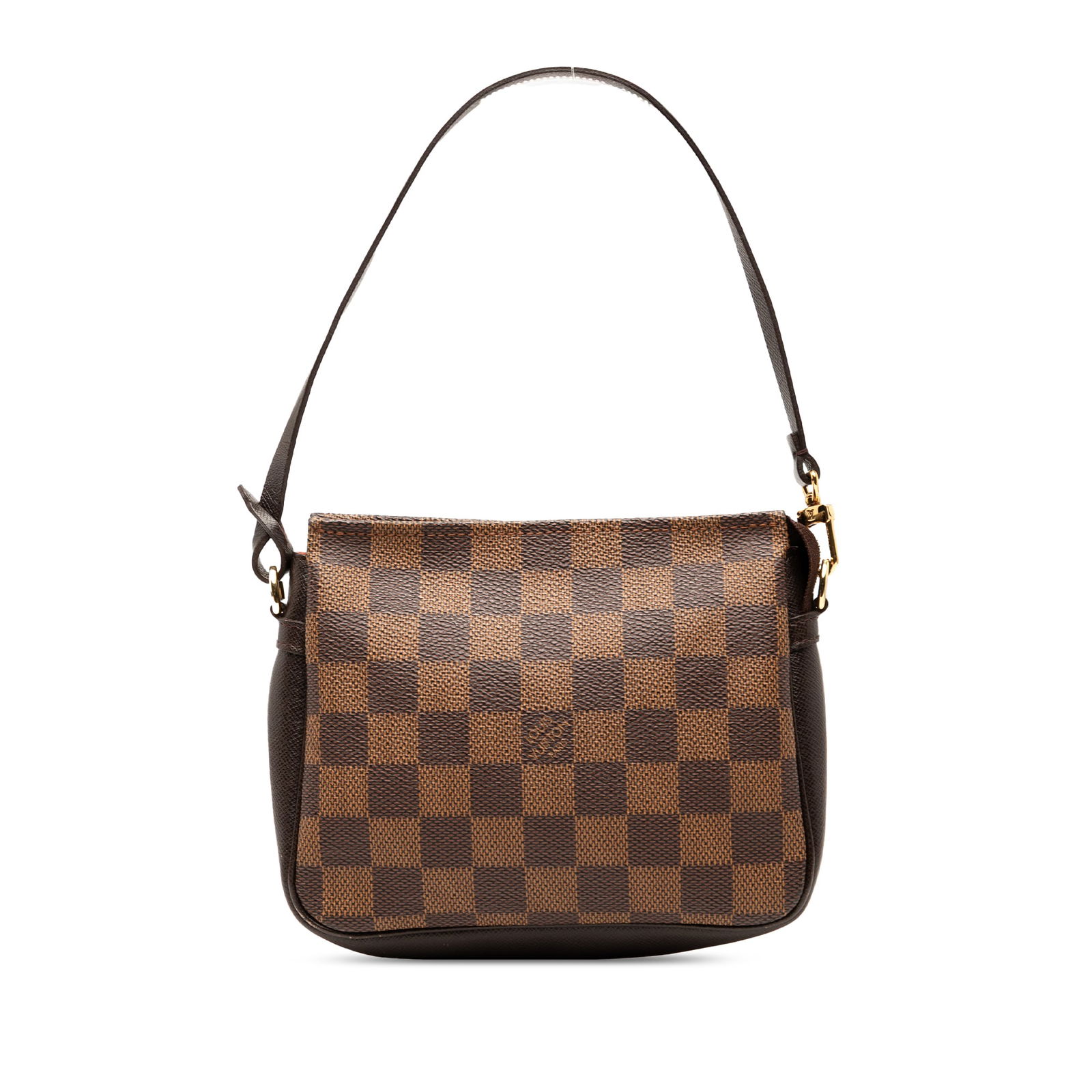 Damier Ebene canvas pouch with leather trim by Louis Vuitton: Damier Ebene canvas pouch with leather trim by Louis Vuitton This Louis Vuitton Damier Ebene Trousse Pochette features a brown Damier Ebene canvas body with leather trim, a flat leather strap, and a t