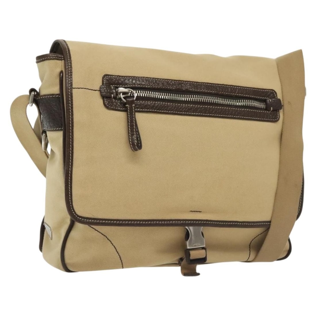 Prada Canvas Shoulder Bag Vintage Beige 32cm by 27cm by 10cm: Prada Canvas Shoulder Bag Vintage Beige 32cm by 27cm by 10cm This Prada vintage shoulder bag for women features a beige canvas exterior with leather accents. It has a spacious design with multiple poc