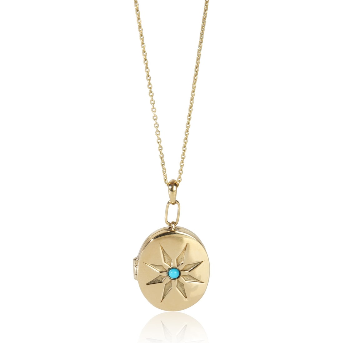14K Yellow Gold Oval Locket Pendant with Turquoise Center: 14K Yellow Gold Oval Locket Pendant with Turquoise Center This women's locket pendant features an oval turquoise as its main stone, elegantly set in 14K yellow gold. The piece comes with an 18-inch ne