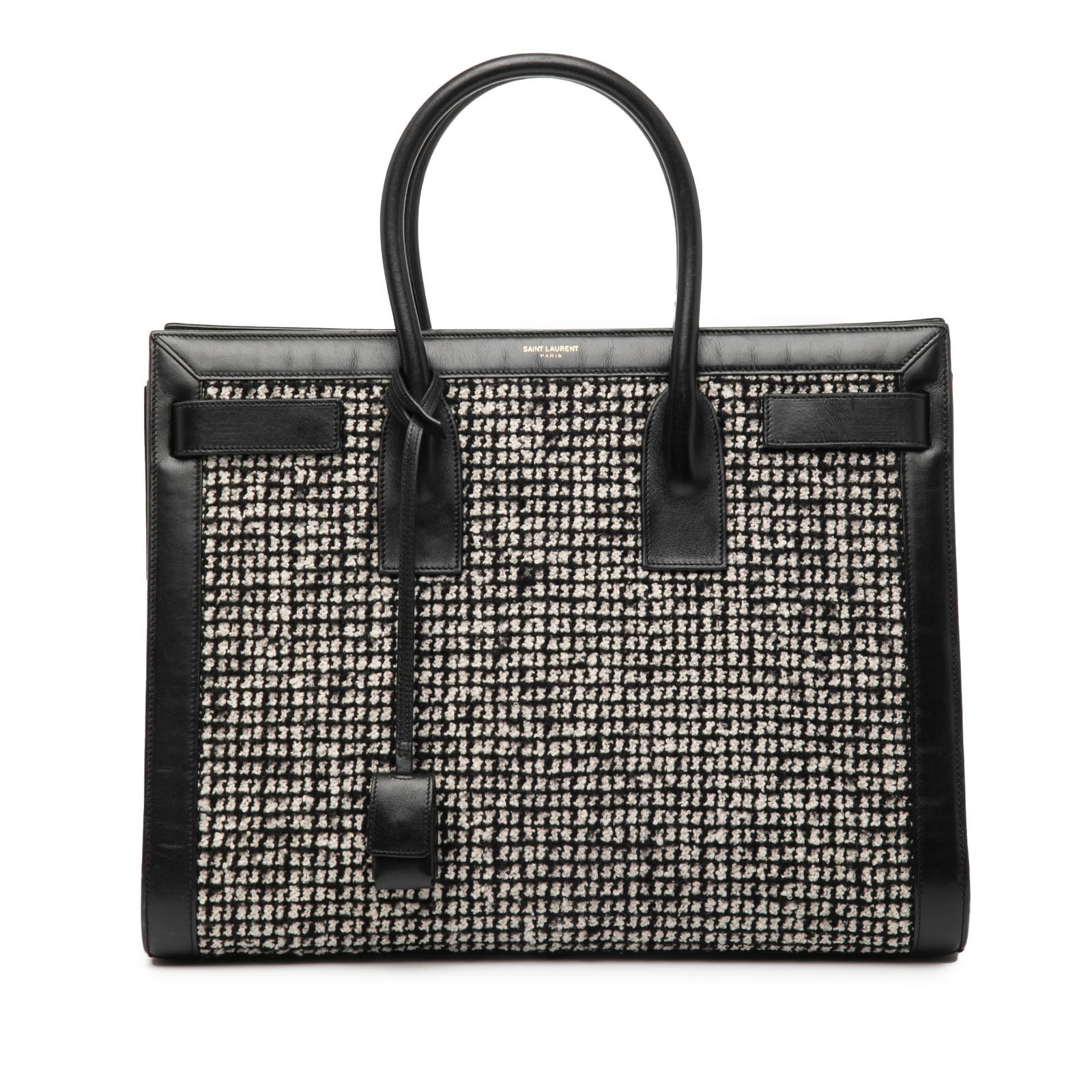 Saint Laurent Small Houndstooth Tweed Sac De Jour Satchel Italy: Saint Laurent Small Houndstooth Tweed Sac De Jour Satchel Italy The Saint Laurent Small Tweed Houndstooth Sac De Jour Satchel is a sophisticated accessory crafted with a stylish tweed body complemente