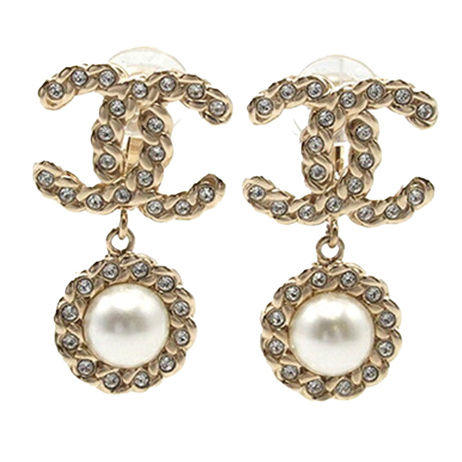 Chanel Faux Pearl and Rhinestone Clip On Swing Earrings Gold Plated: Chanel Faux Pearl and Rhinestone Clip On Swing Earrings Gold Plated These Chanel earrings feature a gold plated metal body adorned with rhinestone embellishments and faux pearl charms. Designed with c