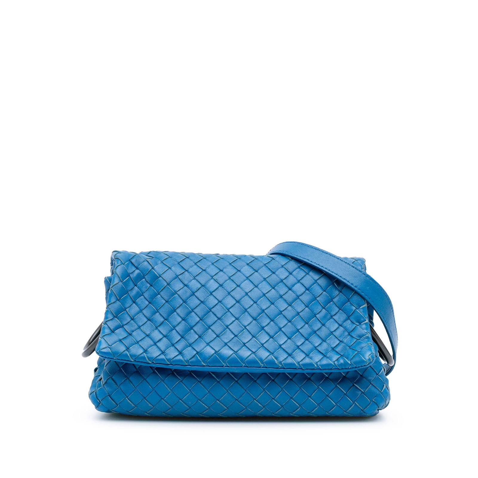 Bottega Veneta Blue Nappa Intrecciato Flap Crossbody Bag: Bottega Veneta Blue Nappa Intrecciato Flap Crossbody Bag This elegant Bottega Veneta Nappa Intrecciato Flap Crossbody is crafted from high-quality woven leather, showcasing a sophisticated blue hue. I