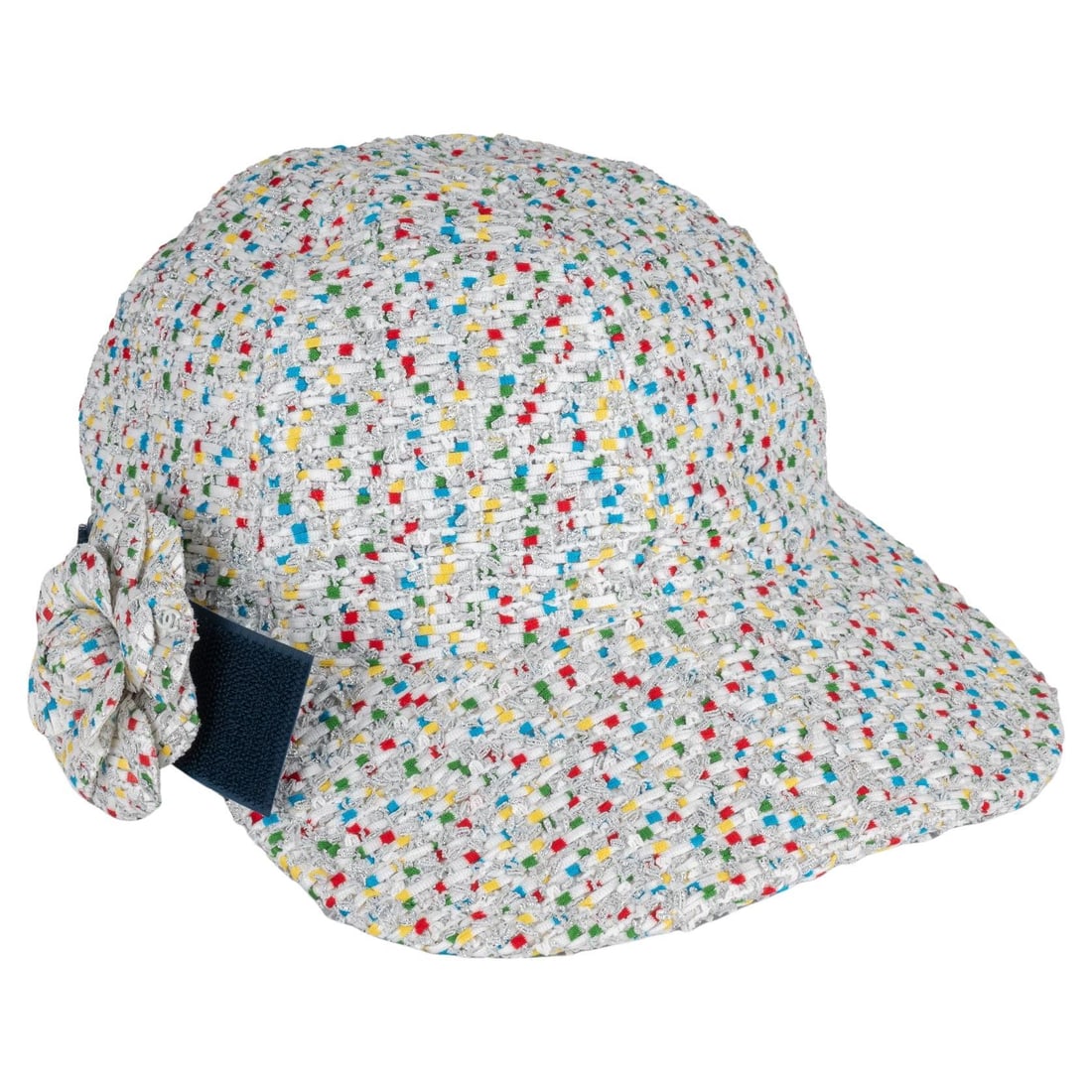 Chanel White Tweed Baseball Hat with Camellia Pin: Chanel White Tweed Baseball Hat with Camellia Pin Elevate your style with this stunning Chanel baseball hat. Crafted from luxurious white tweed, this medium-sized hat features a vibrant multicolor des