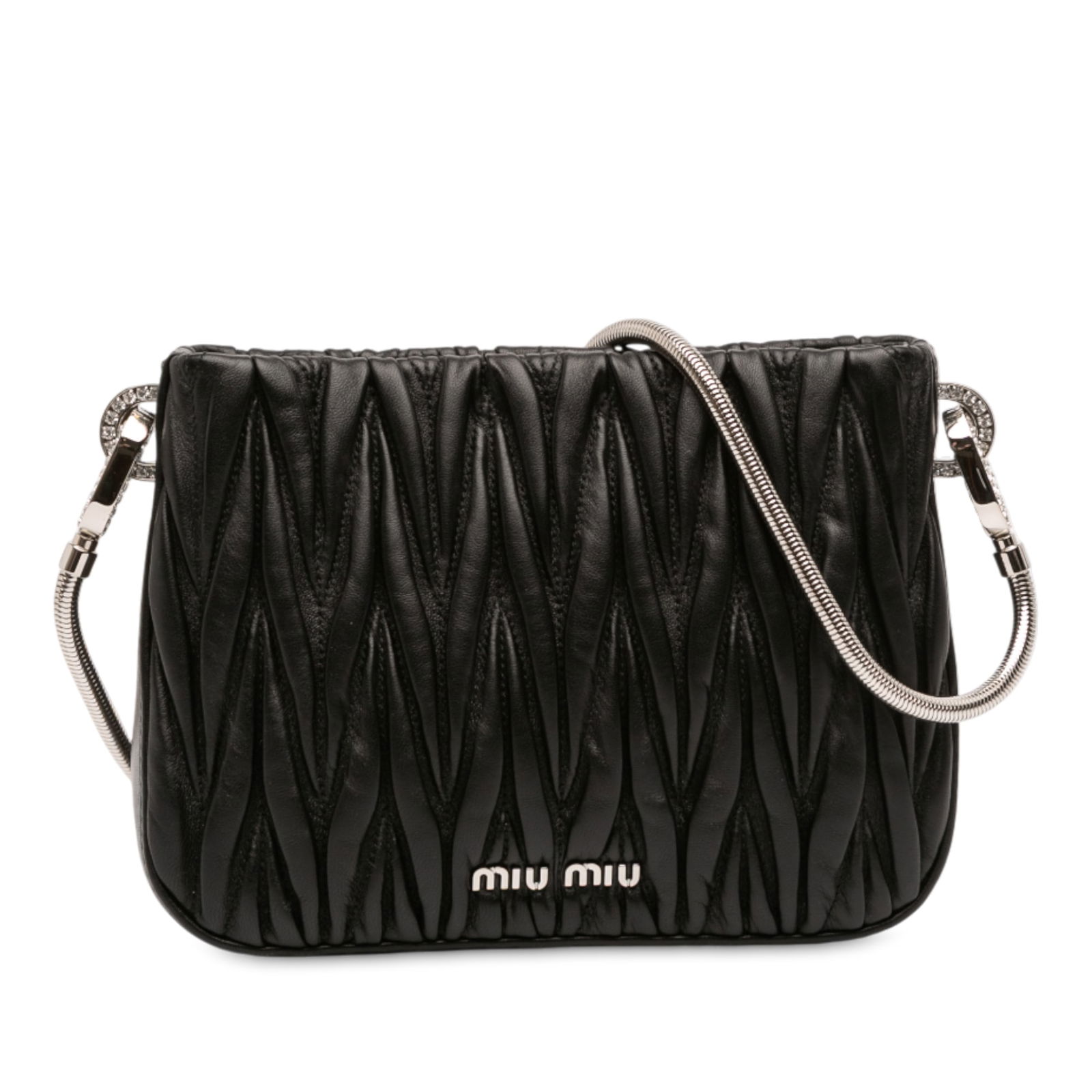 Miu Miu Matelasse Sassy Black Quilted Nappa Leather Shoulder Bag: Miu Miu Matelasse Sassy Black Quilted Nappa Leather Shoulder Bag This Miu Miu Nappa Matelasse Sassy Shoulder Bag is crafted from quilted nappa leather and features a rolled metal strap, an open top wi