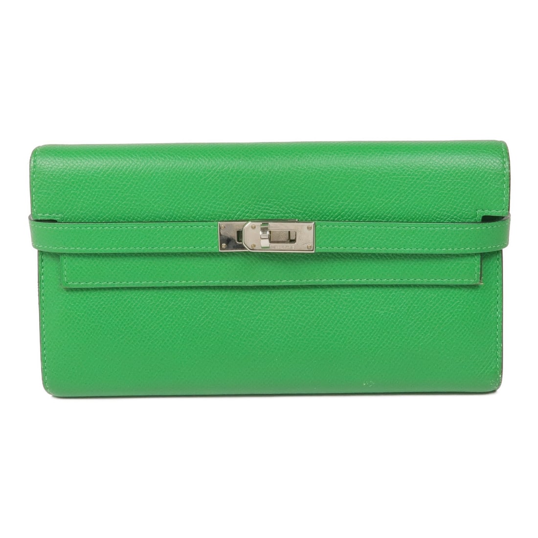 HERMES Kelly Long Wallet Veau Epsom Leather Green PHW: HERMES Kelly Long Wallet Veau Epsom Leather Green PHW This elegant HERMES Kelly long wallet is crafted from high-quality Veau Epsom leather in a striking Bambou Green color. The bifold design offers a