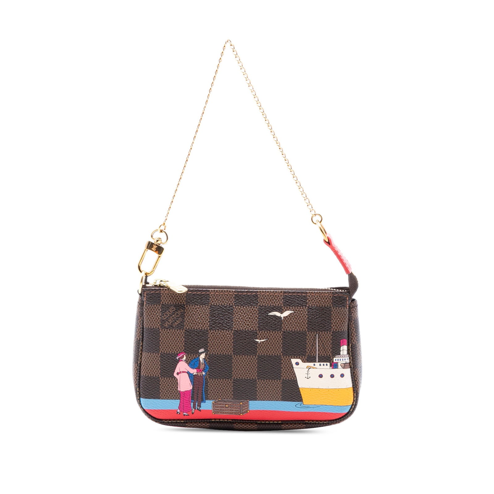 Louis Vuitton Transatlantic Cruises Mini Pochette in Damier Ebene Canvas: Louis Vuitton Transatlantic Cruises Mini Pochette in Damier Ebene Canvas This Louis Vuitton Damier Ebene Transatlantic Cruises Mini Pochette Accessoires showcases a printed Damier canvas body with a g