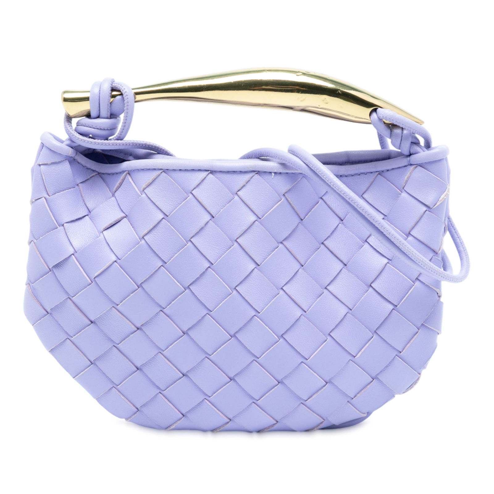 Purple Bottega Veneta Sardine Satchel Woven Lambskin Gold Tone Handle: Purple Bottega Veneta Sardine Satchel Woven Lambskin Gold Tone Handle This Bottega Veneta Baby Lambskin Intrecciato Sardine satchel features a woven lambskin leather body in purple, complemented by a