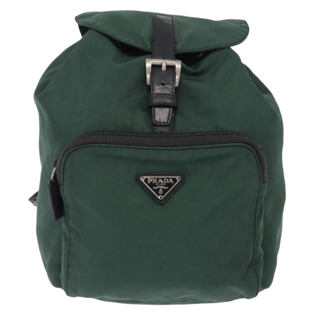 Green Nylon Prada Backpack with Front Pocket for Women: Green Nylon Prada Backpack with Front Pocket for Women This Prada Front Pocket Backpack is crafted from green nylon and designed for women. The backpack features a front pocket for added functionality