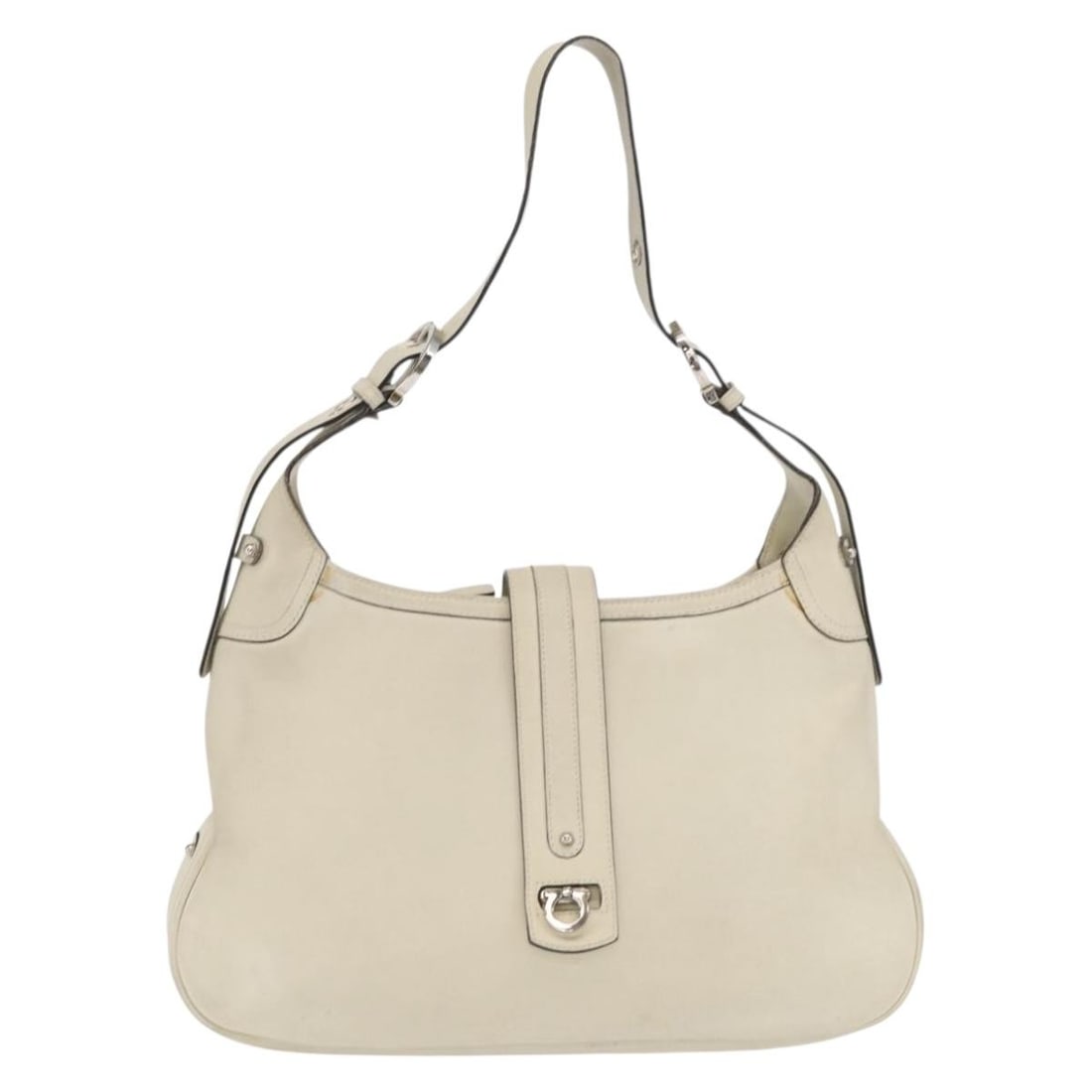 Gancini Leather Shoulder Purse by Salvatore Ferragamo in Ecru: Gancini Leather Shoulder Purse by Salvatore Ferragamo in Ecru This Salvatore Ferragamo Gancini shoulder bag is crafted from leather in an ecru color. Designed for women, it features a spacious interio