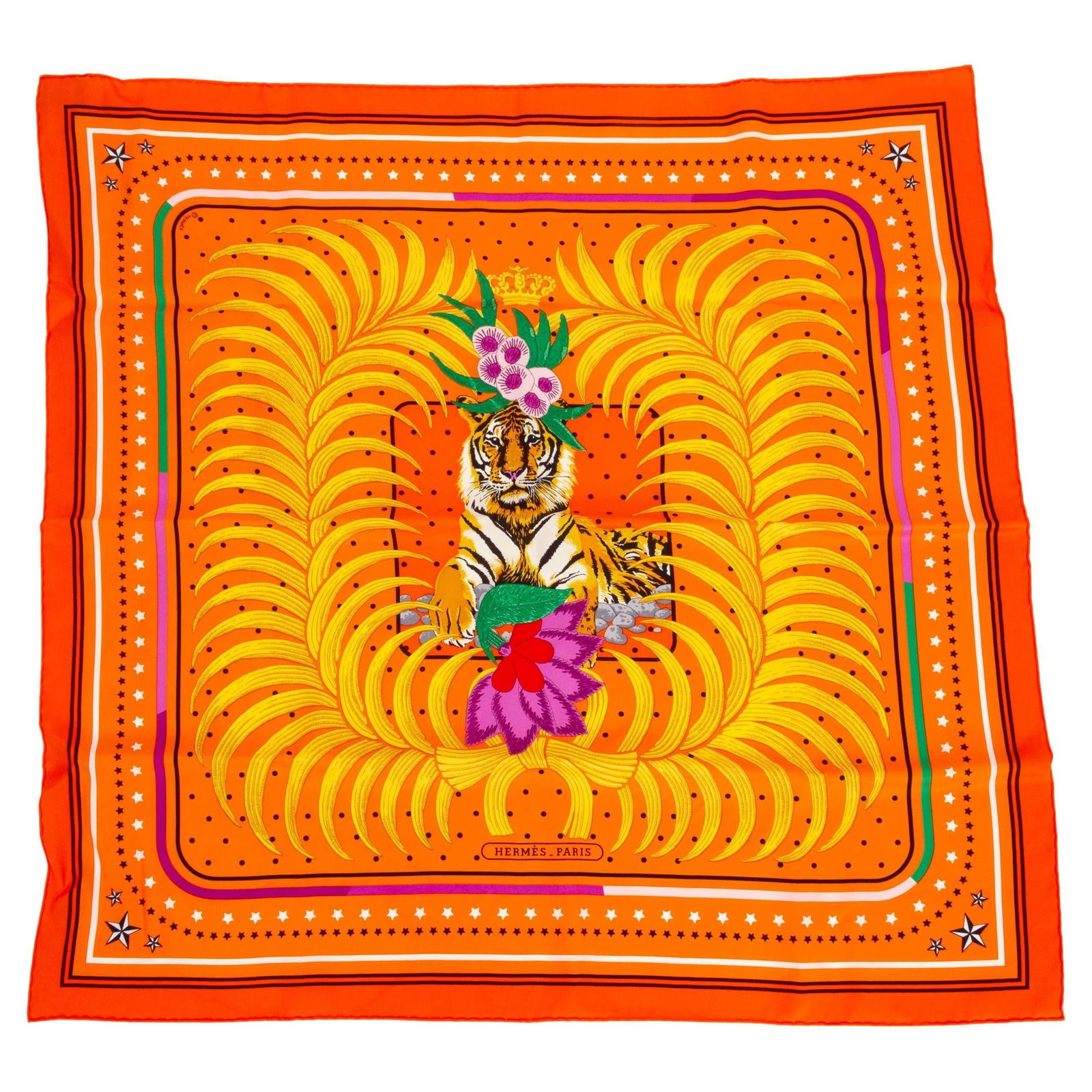 Hermes Tigre Royal Fleuri Silk Scarf 26.5in New Boxed: Hermes Tigre Royal Fleuri Silk Scarf 26.5in New Boxed Introducing the exquisite Hermes Tigre Royal Fleuri Scarf, a luxurious accessory that showcases a captivating print of a regal tiger adorned with