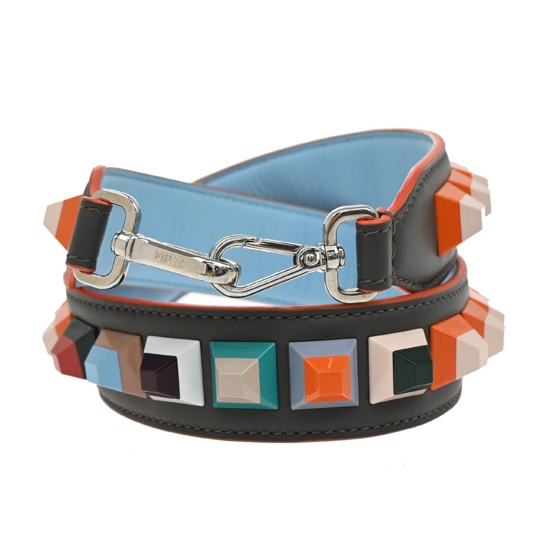 Fendi Mini Strap You Multicolor Leather Studded Short Shoulder Strap: Fendi Mini Strap You Multicolor Leather Studded Short Shoulder Strap This Fendi Mini Strap You short shoulder strap features a multicolor studded leather design, crafted for a female user. Made in Ita