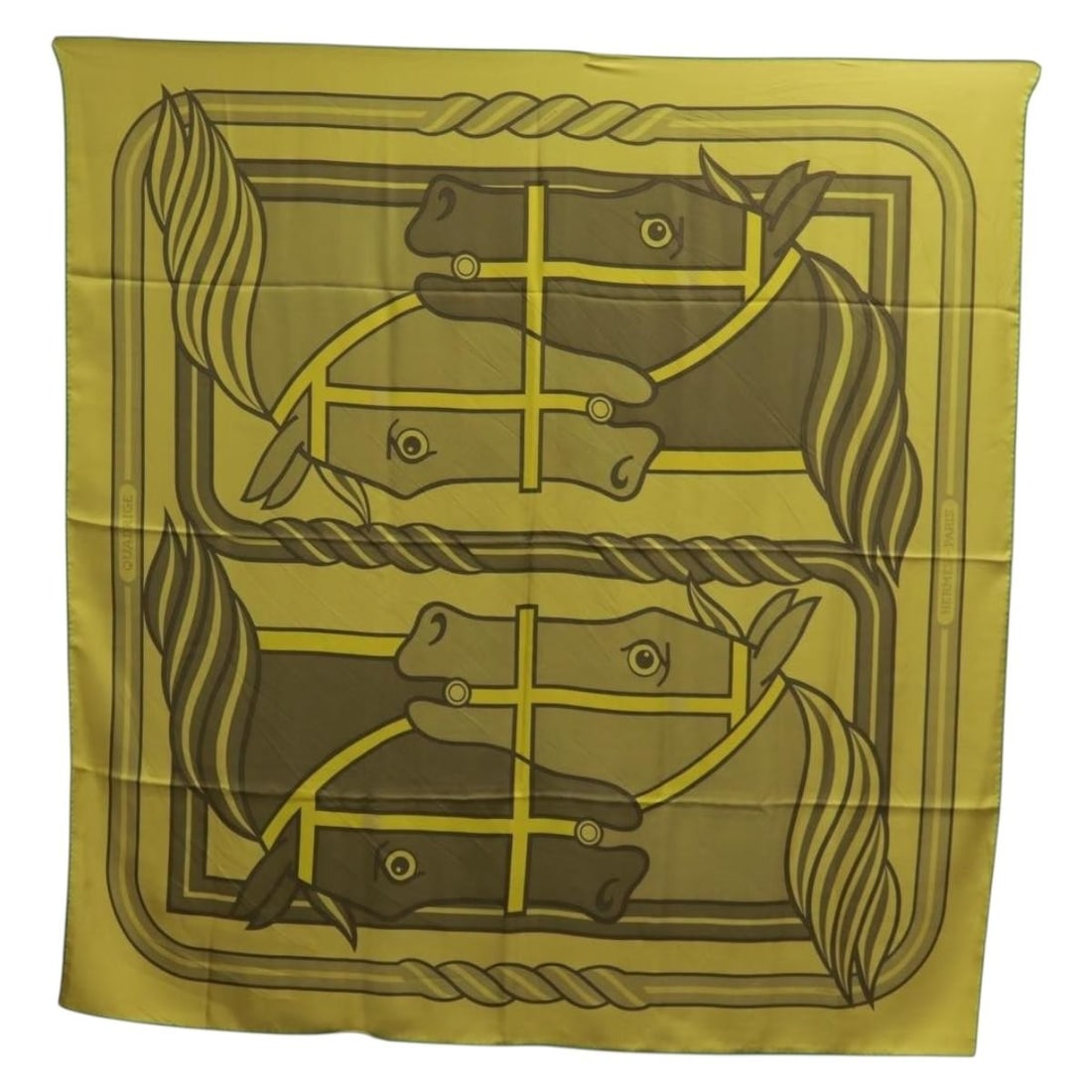 Quadrige Silk Square Scarf by Hermes in Green 140cm: Quadrige Silk Square Scarf by Hermes in Green 140cm This Hermes Carre 140 "Quadrige" scarf is crafted from silk and features a vibrant green color. Made in France, this scarf measures approximately 14
