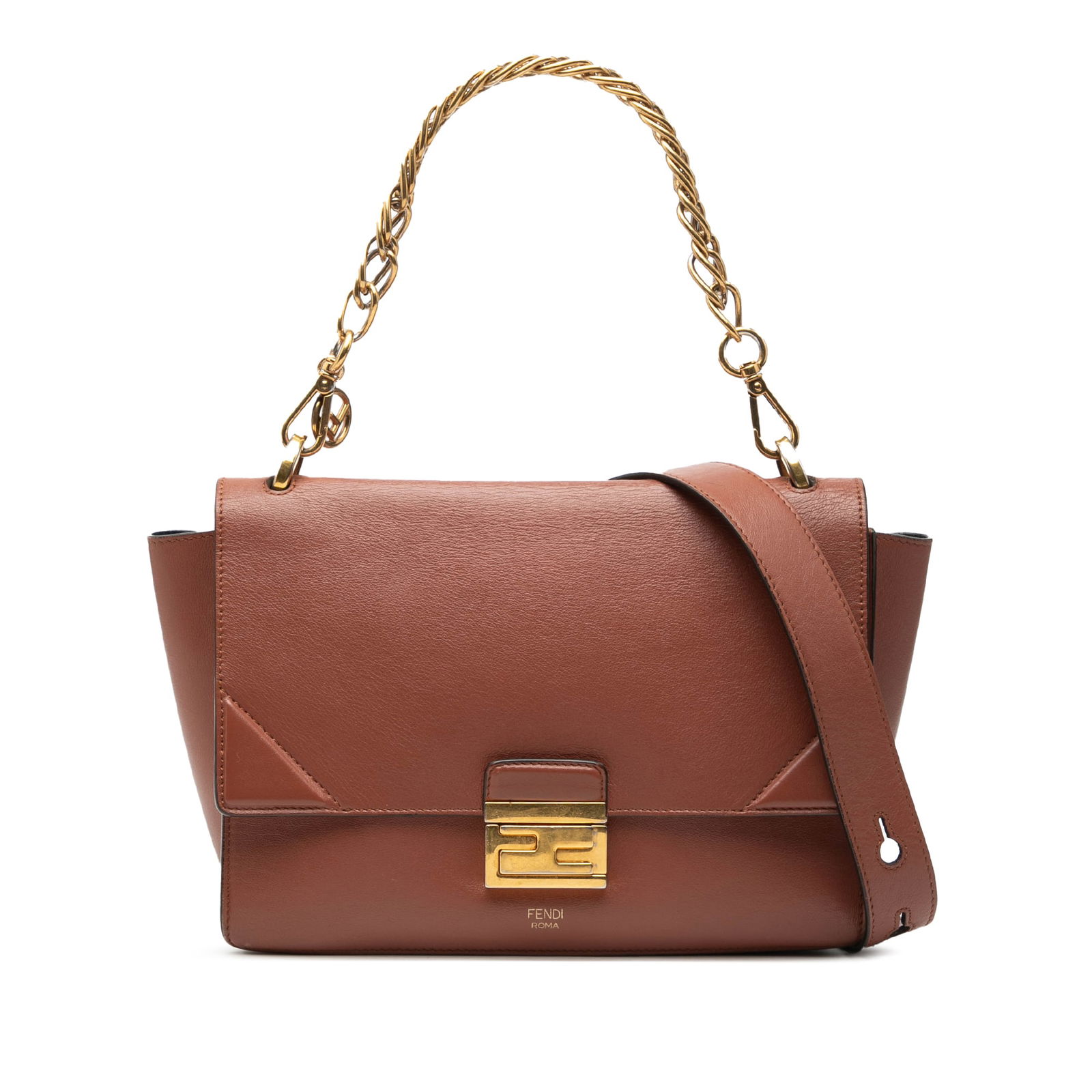 Fendi Kan U Brown Leather Satchel with Chain Handle and Flap Closure: Fendi Kan U Brown Leather Satchel with Chain Handle and Flap Closure This Fendi Kan U satchel features a brown leather body with a detachable chain-link top handle and a detachable flat leather strap.
