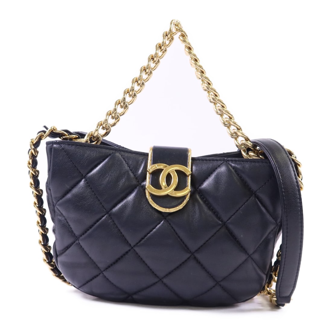 Black Lambskin 2way Shoulder Bag with CC Logo and Gold Hardware by CHANEL: Black Lambskin 2way Shoulder Bag with CC Logo and Gold Hardware by CHANEL This CHANEL 2-way shoulder bag features luxurious black lambskin leather and gold tone chain hardware. Designed for versatilit
