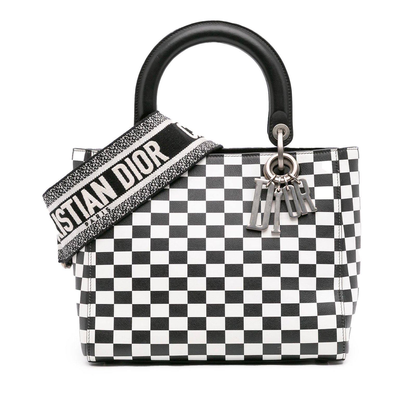 Dior Medium Checkered Calfskin Lady Dior Handbag Black Leather: Dior Medium Checkered Calfskin Lady Dior Handbag Black Leather Introducing the Medium Calfskin Checkered Lady Dior, a stunning handbag crafted from premium leather. This elegant bag features flat leat