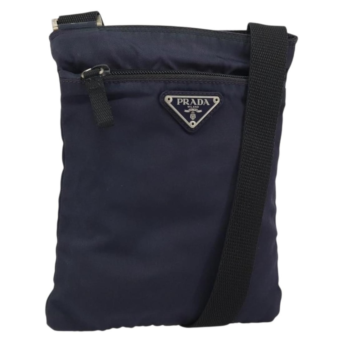 Purple Nylon Messenger Bag by Prada for Women 17x20x30cm: Purple Nylon Messenger Bag by Prada for Women 17x20x30cm This Prada Flat Messenger Bag for women features a purple nylon exterior and is crafted in Italy. It has a shoulder strap and metal fittings, s