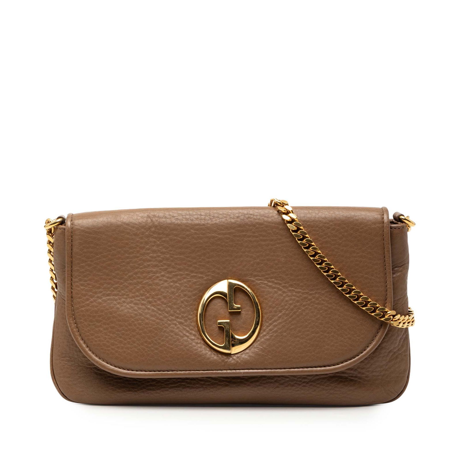 Gucci 1973 Brown Leather Chain Strap Medium Shoulder Bag: Gucci 1973 Brown Leather Chain Strap Medium Shoulder Bag This Gucci Medium Leather 1973 Chain Shoulder Bag features a brown leather body, a gold-tone chain shoulder strap, and a front flap with a gold