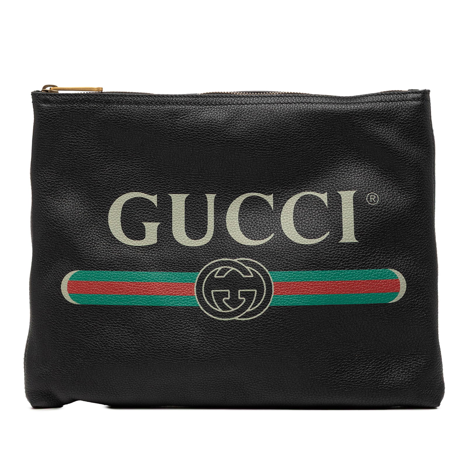 Gucci Black Leather Clutch Bag with Printed Logo Medium Portfolio: Gucci Black Leather Clutch Bag with Printed Logo Medium Portfolio This Gucci Medium Leather Logo Portfolio Clutch features a printed leather exterior in black with a top zip closure. The bag includes