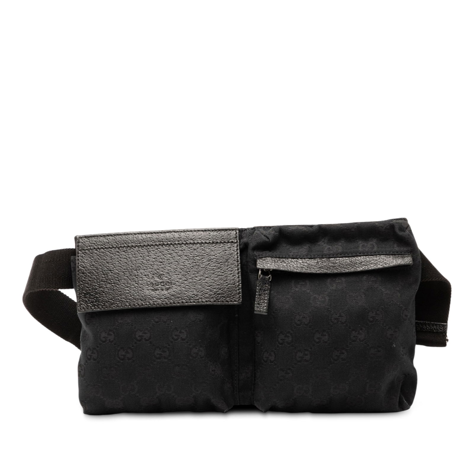 Gucci GG Canvas Double Pocket Belt Bag Black Fabric Italy: Gucci GG Canvas Double Pocket Belt Bag Black Fabric Italy The Gucci GG Canvas Double Pocket Belt Bag is a stylish and functional accessory perfect for on-the-go individuals. Crafted with a durable fab