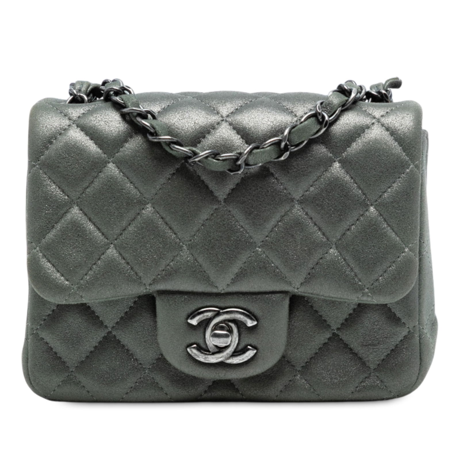 Chanel Mini Square Classic Lambskin Gray Flap Bag: Chanel Mini Square Classic Lambskin Gray Flap Bag This Chanel Mini Square Classic Lambskin Single Flap crossbody bag is crafted from luxurious quilted lambskin leather in a sophisticated gray color. I