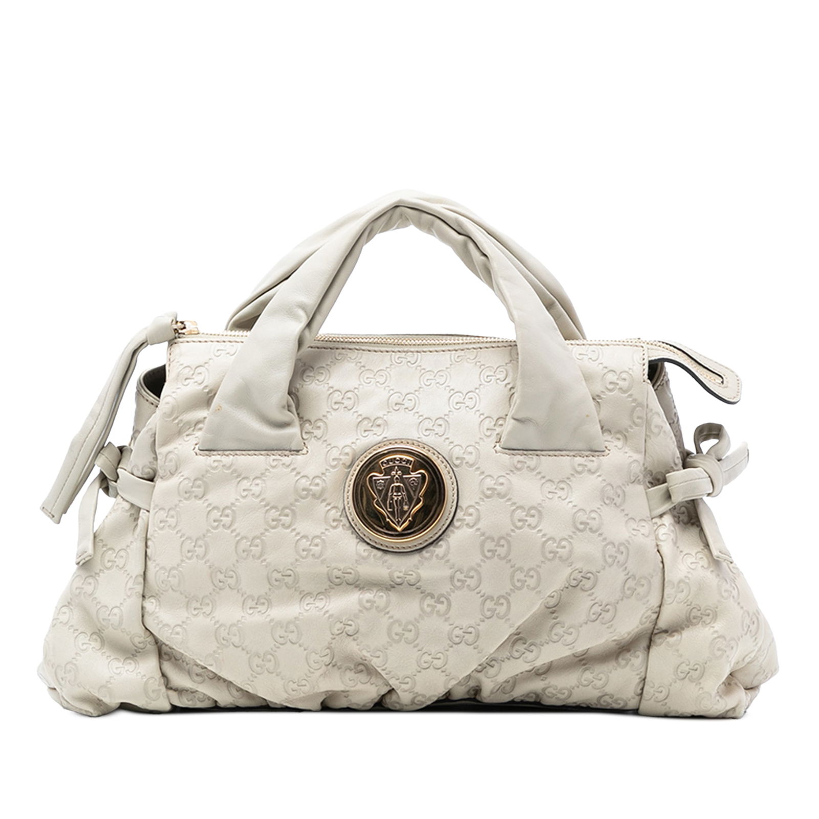 Gucci Hysteria Guccissima Embossed Leather White Satchel Bag: Gucci Hysteria Guccissima Embossed Leather White Satchel Bag The Guccissima Hysteria Handbag features an embossed leather body in white, flat leather handles, a top zip closure, and an interior zip po