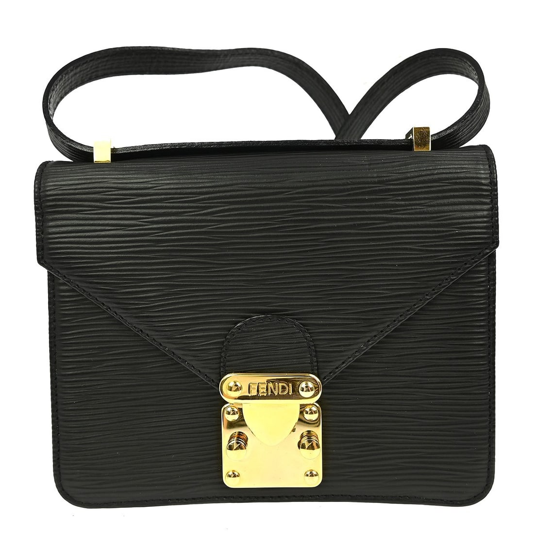 Fendi Zucca Pattern Small Black Leather Shoulder Bag with Buckle Closure: Fendi Zucca Pattern Small Black Leather Shoulder Bag with Buckle Closure This stylish Fendi black shoulder bag features a classic Fendi Zucca pattern and is perfect for casual occasions. The bag is cr