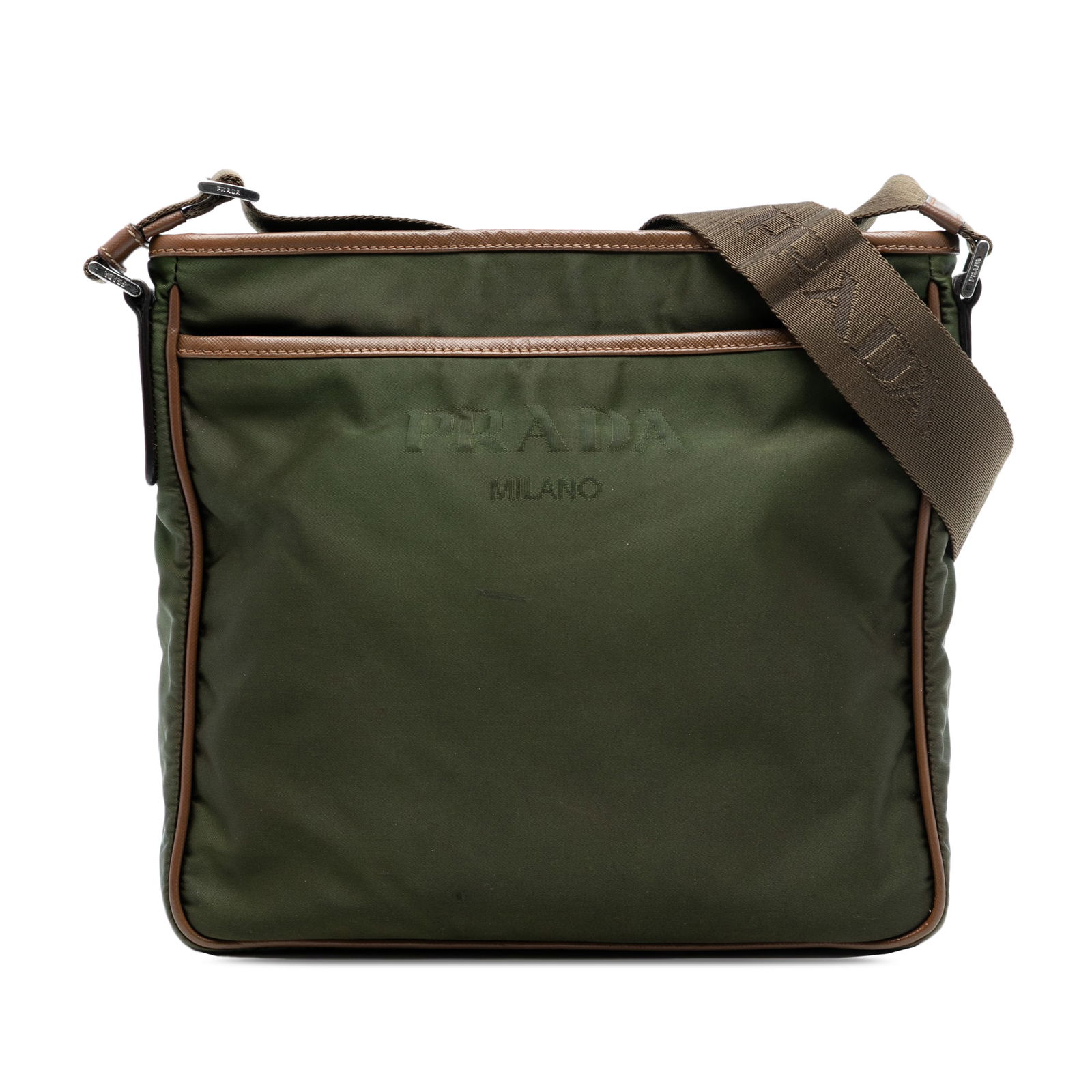Green Prada Tessuto Nylon Crossbody Bag with Leather Trim and Zip Top: Green Prada Tessuto Nylon Crossbody Bag with Leather Trim and Zip Top This Prada Tessuto Zip Top Crossbody bag features a green nylon body with leather trim, an adjustable flat strap, a top zip closur