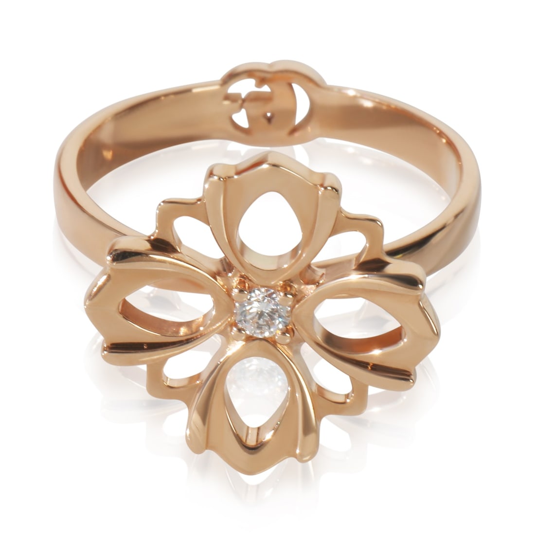 Gucci Flora Flower 18k Rose Gold Diamond Women's Ring Size 6.5 With Box: Gucci Flora Flower 18k Rose Gold Diamond Women's Ring Size 6.5 With Box This Gucci Flora Flower ring features an elegant floral design crafted in 18k rose gold. The ring is adorned with round brillian