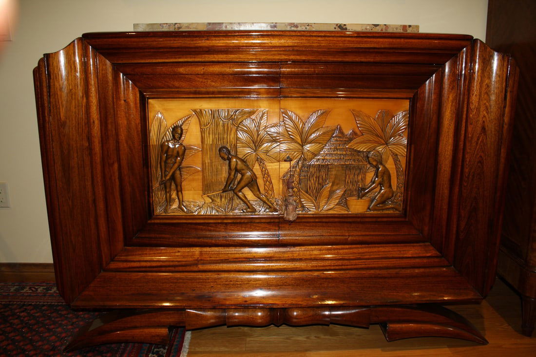 French Art Deco Buffet by Andre Domin and Marcel Genevriere with Marble Top: French Art Deco Buffet by Andre Domin and Marcel Genevriere with Marble Top This exquisite French Art Deco buffet, crafted by Andre Domin Dominique & Marcel Genevriere, showcases the elegance and craf