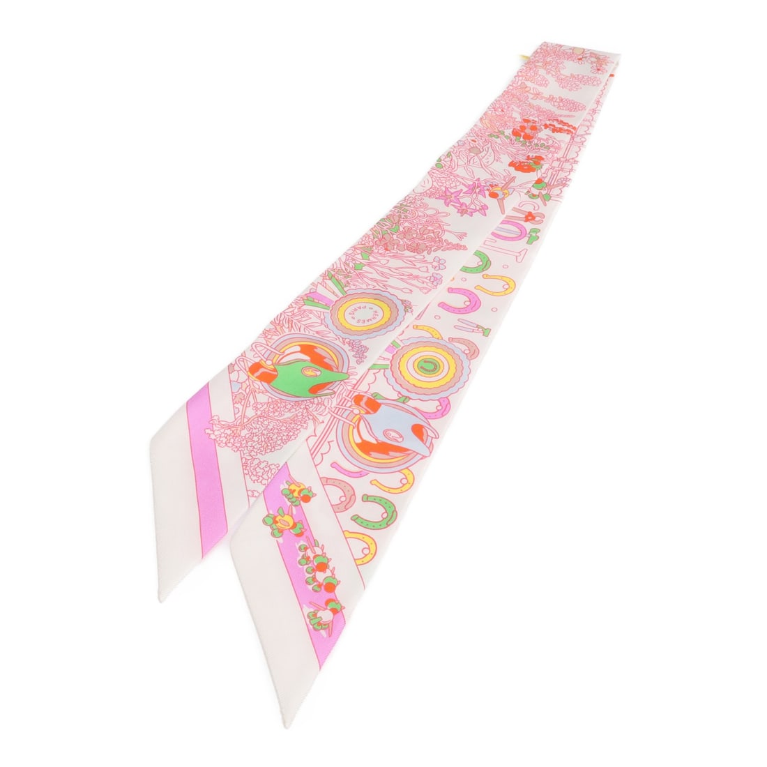 Silk Twilly Multicolor Scarf by Hermes France: Silk Twilly Multicolor Scarf by Hermes France This Hermes Twilly scarf is crafted from luxurious silk in a vibrant multicolor design. Made in France, it features a regular size and is in pristine, un-