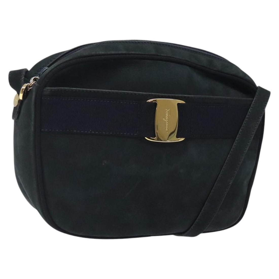 Vala Navy Suede Shoulder Bag by Salvatore Ferragamo: Vala Navy Suede Shoulder Bag by Salvatore Ferragamo This Salvatore Ferragamo Vala Shoulder Bag is crafted from navy suede, designed for women. Made in Italy, the bag shows signs of use including rubbi
