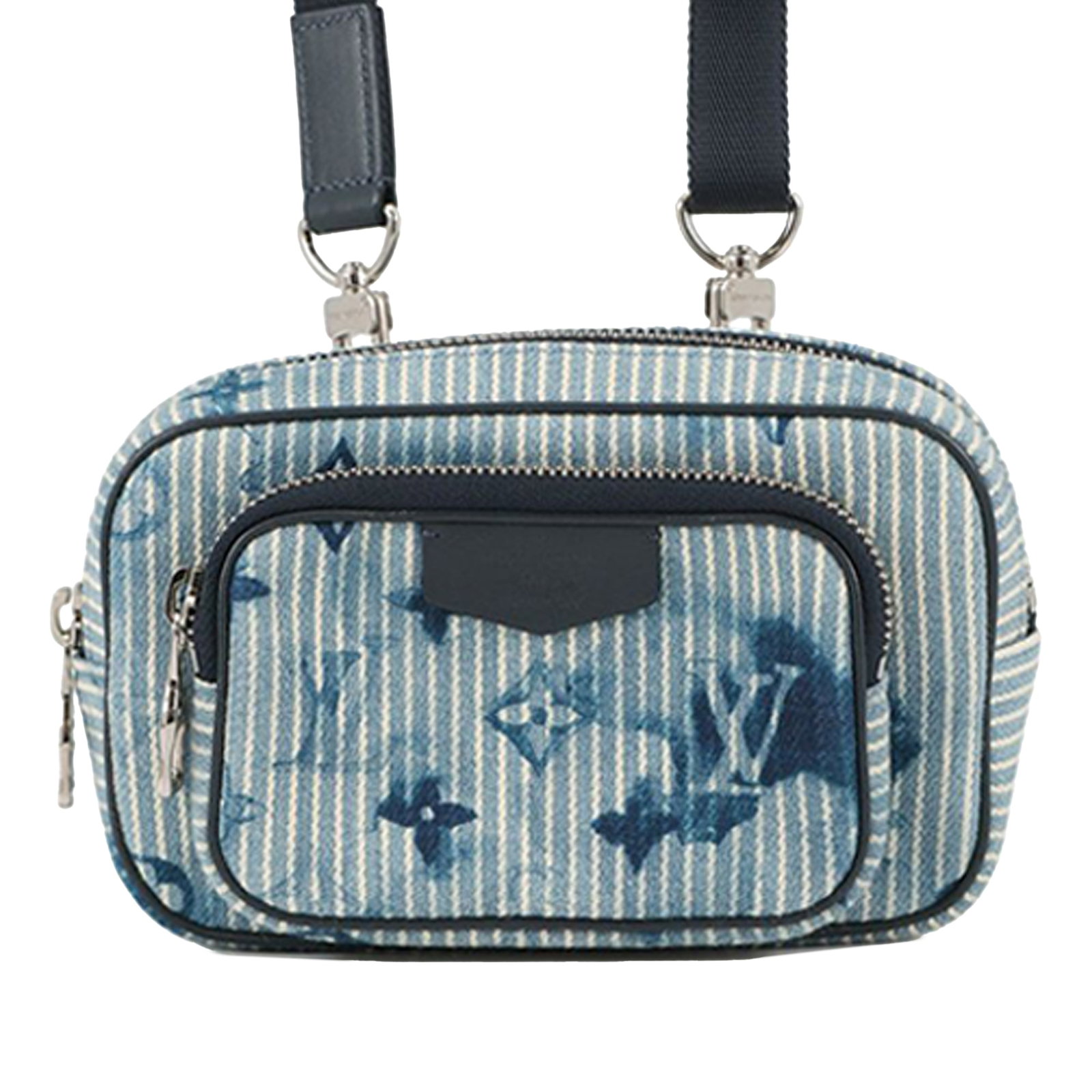 Monogram Denim Watercolor Hickory Stripes Outdoor Bag by Louis Vuitton: Monogram Denim Watercolor Hickory Stripes Outdoor Bag by Louis Vuitton This Louis Vuitton Monogram Denim Watercolor Hickory Stripes Outdoor Pouch features a blue monogram denim canvas body with a deta