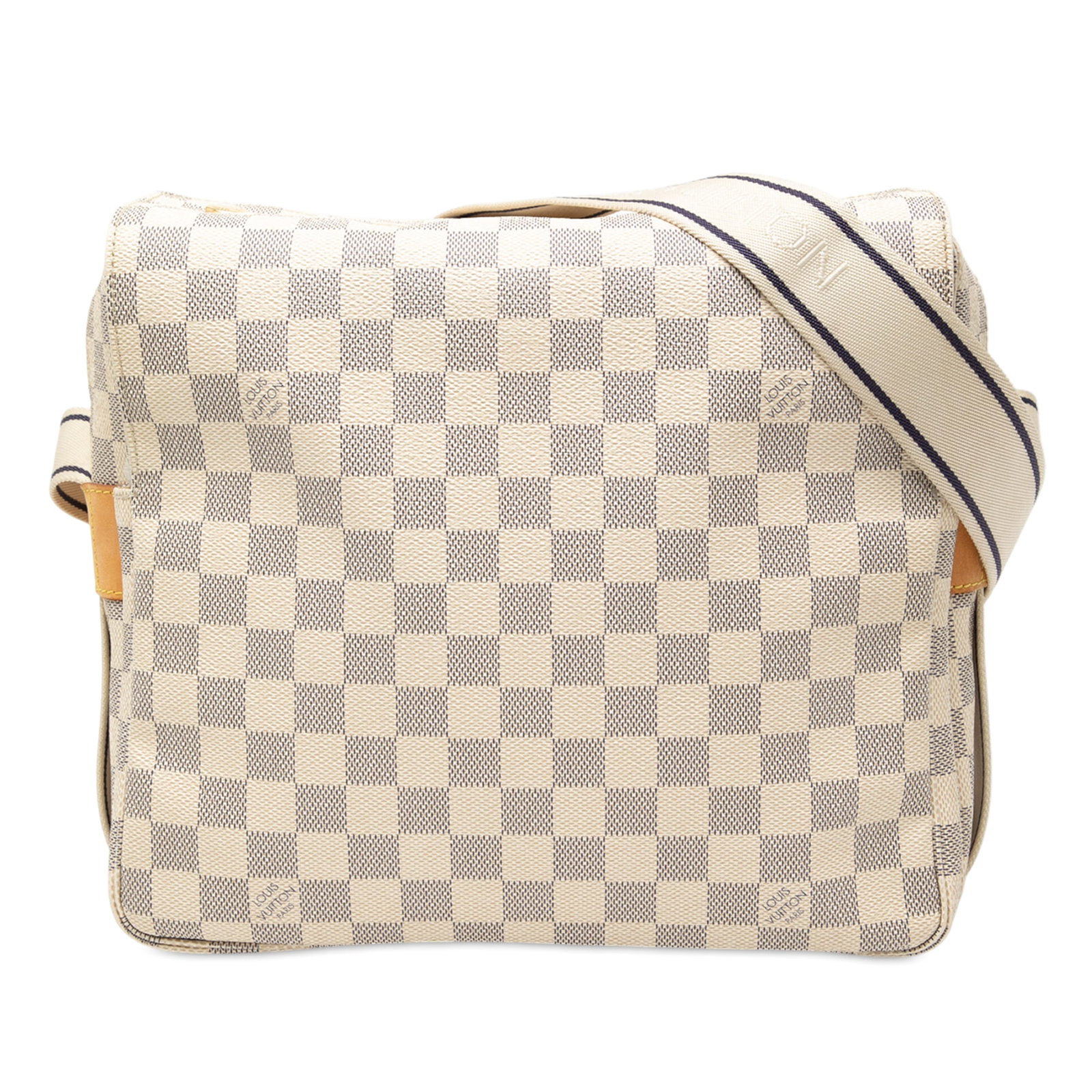 Damier Azur Naviglio crossbody bag by Louis Vuitton with adjustable strap: Damier Azur Naviglio crossbody bag by Louis Vuitton with adjustable strap The Louis Vuitton Damier Azur Naviglio features a damier azur canvas exterior, an adjustable flat strap, a top flap with snap