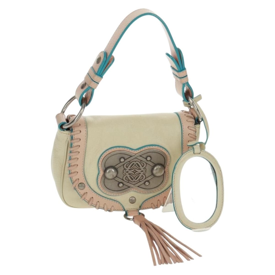 Ivory Leather Loewe Handbag with Dust Bag and Mirror: Ivory Leather Loewe Handbag with Dust Bag and Mirror This LOEWE handbag features an ivory leather exterior and is crafted in Spain. The bag includes a top handle, a dust bag, and a mirror as accessori