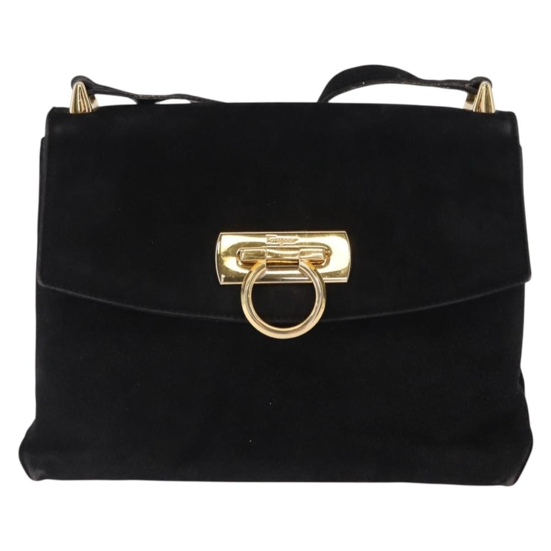 Gancini Suede Shoulder Bag by Salvatore Ferragamo Black: Gancini Suede Shoulder Bag by Salvatore Ferragamo Black This Salvatore Ferragamo Gancini shoulder bag is crafted from black suede and designed for women. Made in Italy, the bag features a classic silh