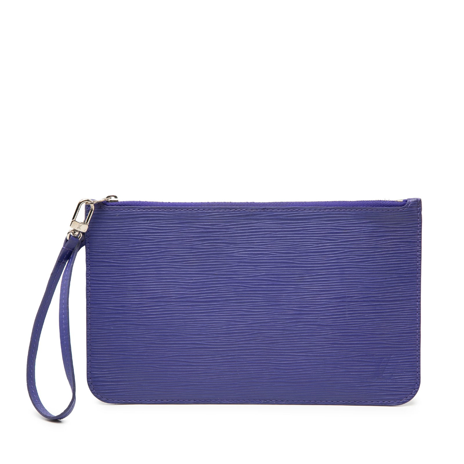 Epi Leather Neverfull Pouch with Wrist Strap by Louis Vuitton: Epi Leather Neverfull Pouch with Wrist Strap by Louis Vuitton This Louis Vuitton Epi Neverfull Pouch is crafted from purple epi leather and features a detachable flat wrist strap, a top zip closure, a