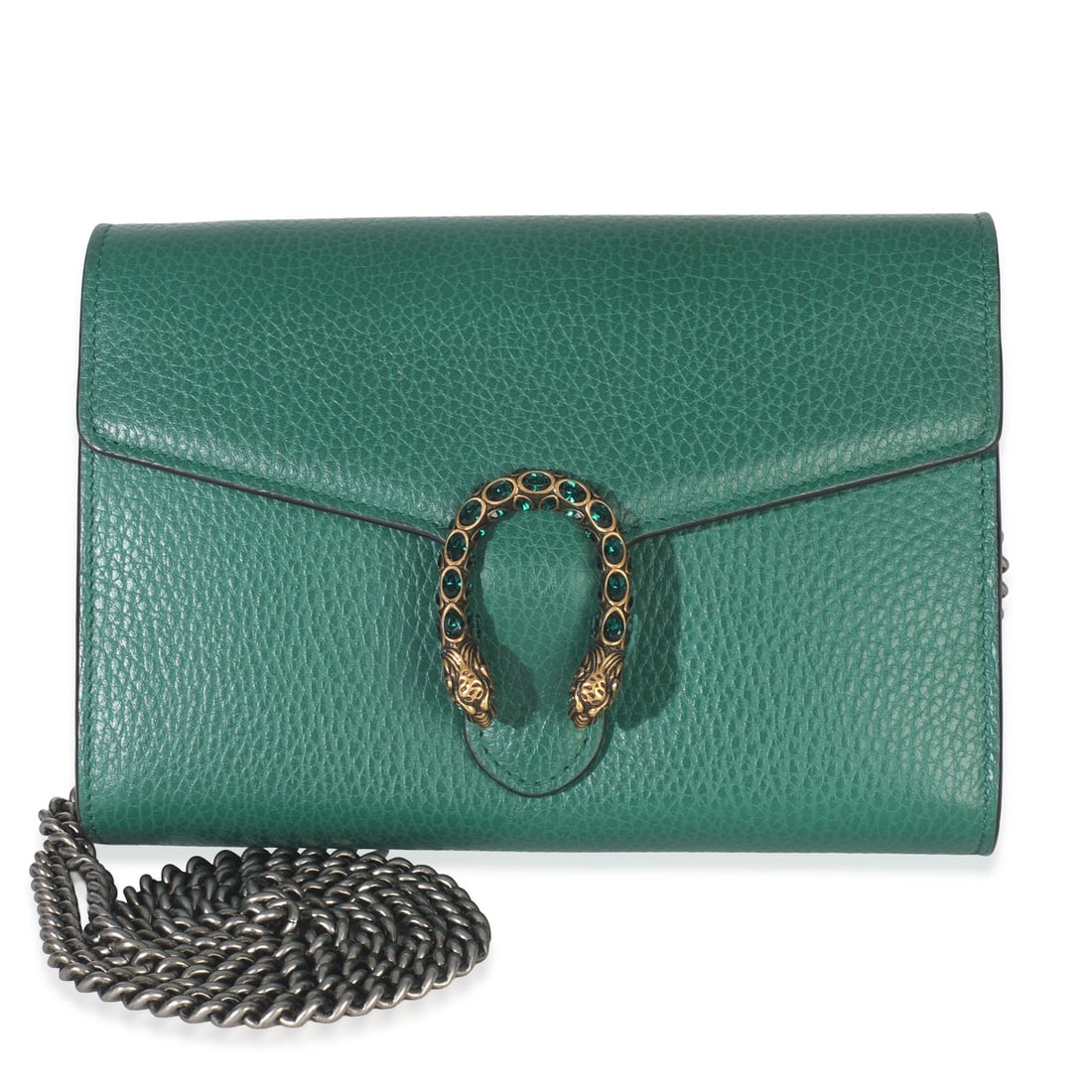 Dionysus Chain Wallet in Green Leather by Gucci with Removable Strap: Dionysus Chain Wallet in Green Leather by Gucci with Removable Strap This Gucci Dionysus Chain Wallet is crafted from emerald green pebbled calfskin leather and features a structured silhouette. The b