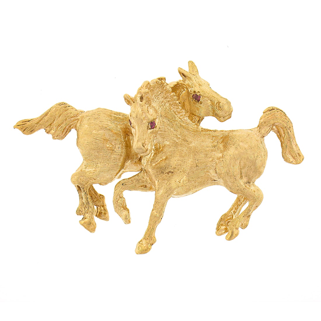 14K Yellow Gold Textured 3D Dual Horse Brooch with Pave Ruby Eyes (1 of 5)
