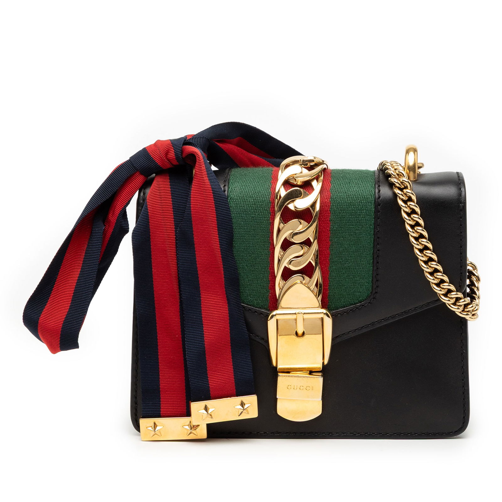 Gucci Sylvie Mini Black Leather Crossbody Bag with Chain Strap: Gucci Sylvie Mini Black Leather Crossbody Bag with Chain Strap This Gucci Mini Leather Web Sylvie Chain Crossbody features a sleek black leather body with a chain link strap and a front flap secured b