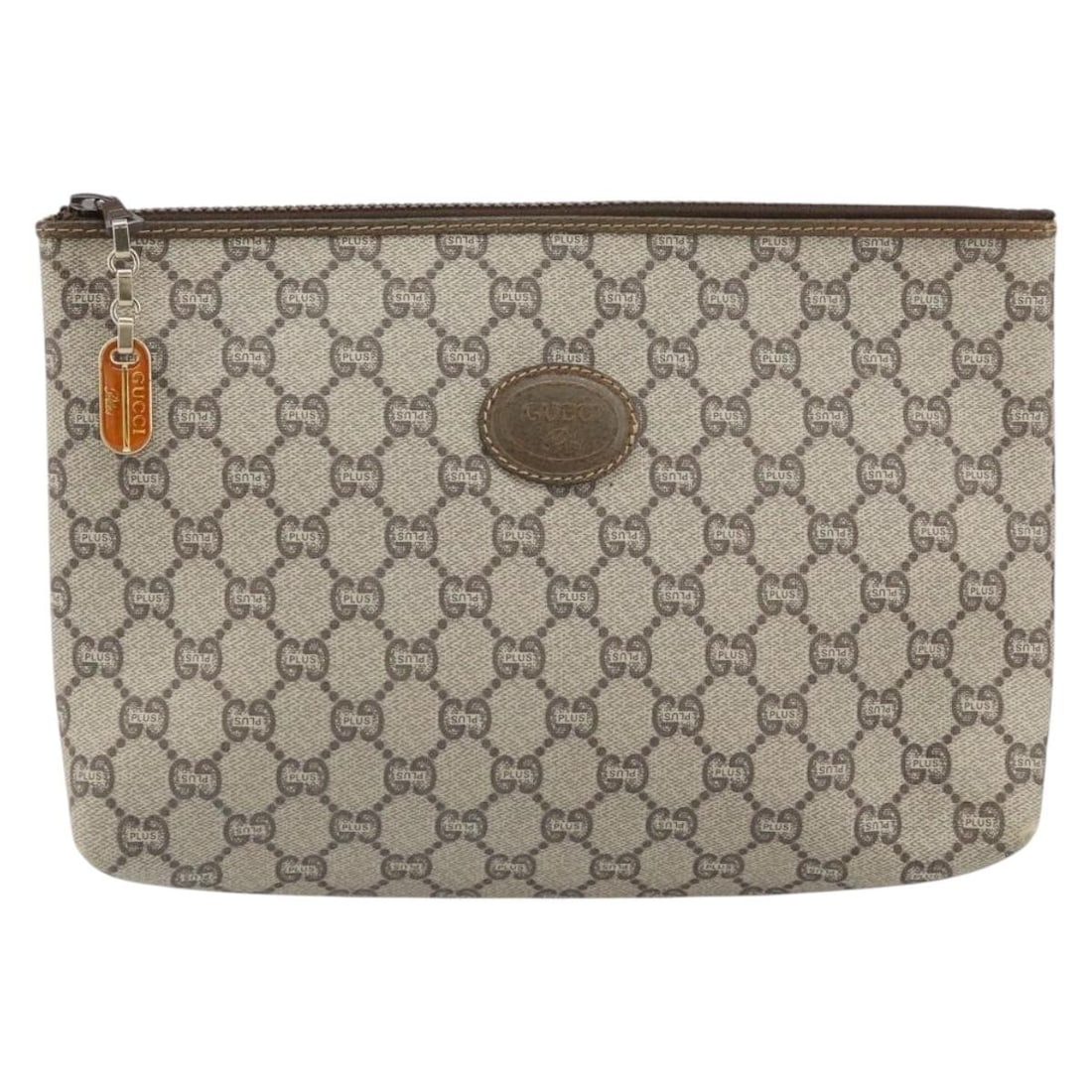 Gucci GG Plus Beige Canvas Unisex Pouch 24cm by 17cm by 7cm: Gucci GG Plus Beige Canvas Unisex Pouch 24cm by 17cm by 7cm This Gucci GG Plus Supreme Pouch is crafted from beige canvas with leather and metal fittings. Designed for unisex use, it features a compac