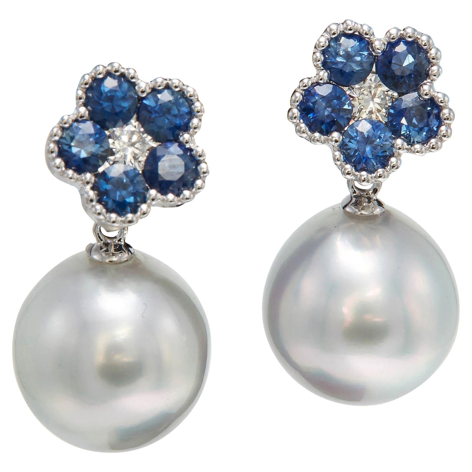 Harbor Diamonds 18K White Gold Sapphire Diamond Pearl Drop Earrings 1.96 Carats (1 of 7)