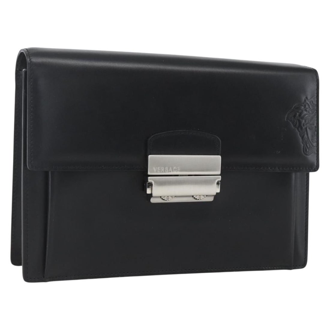 Black Leather Versace Clutch Bag with Silver Accents Made in Italy: Black Leather Versace Clutch Bag with Silver Accents Made in Italy This Versace clutch bag features a sleek black and silver leather exterior. The compact design offers convenient storage, with approx