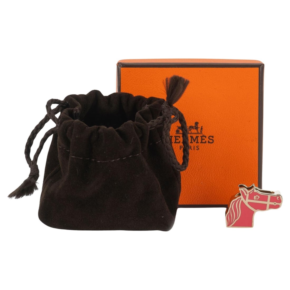 Hermes New Horse Twilly Scarf Ring Lacquered Brass Gold Rose: Hermes New Horse Twilly Scarf Ring Lacquered Brass Gold Rose Introducing the Hermes New Horse Twilly Scarf Ring, a luxurious accessory crafted from lacquered palladium-plated brass. This exquisite rin