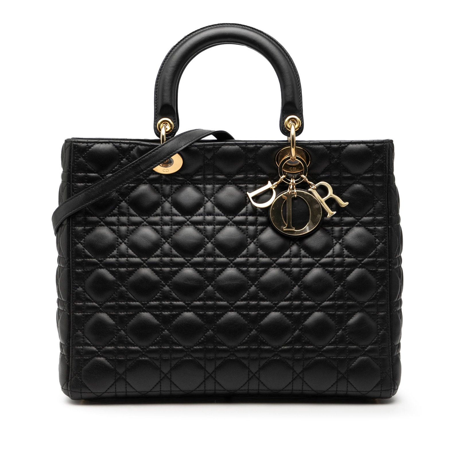 Lady Dior Large Black Cannage Lambskin Tote with Strap: Lady Dior Large Black Cannage Lambskin Tote with Strap This Lady Dior bag features a quilted lambskin leather exterior in black, flat top handles, a detachable flat leather strap, a top zip closure, a